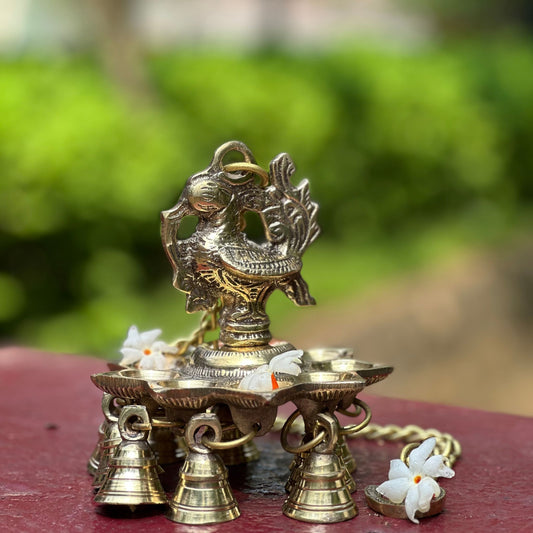 Mayilvizhi – Handcrafted Brass Hanging Vilakku with Bells
